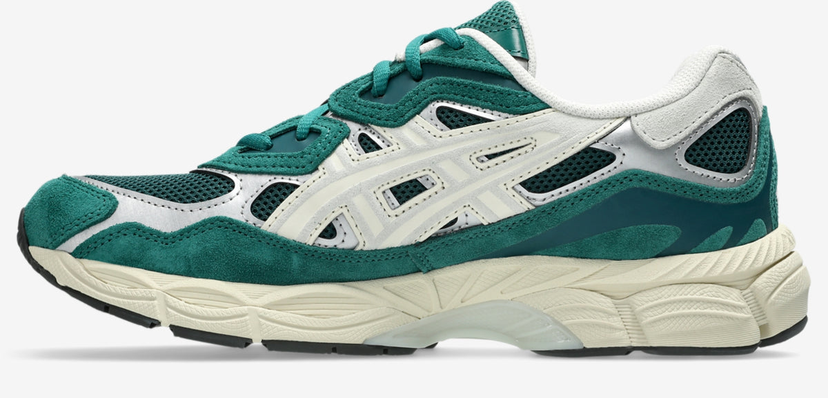 ASICS GEL-NYC in Everglade/Light Sage, side view with green suede overlays, cream stripes, silver accents and cream sole