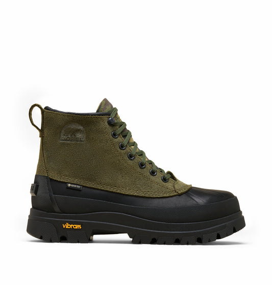 Green and black SOREL boot with Vibram sole on a white background