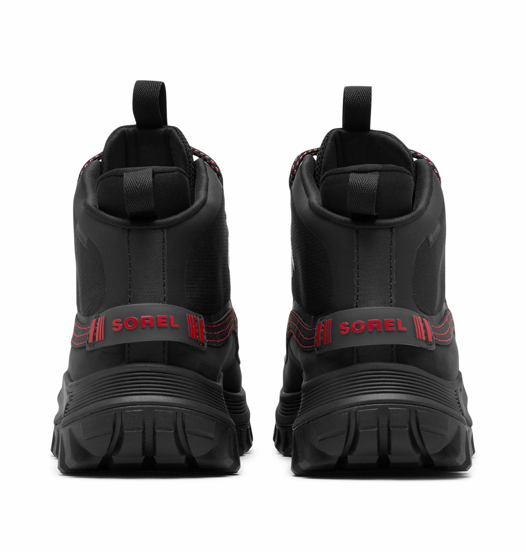 Black winter boots with red SOREL logo on a white background