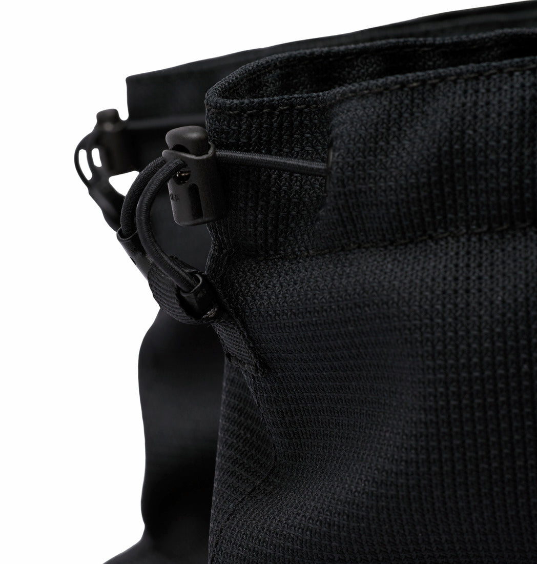 Close-up of a black bag with a zipper on a white background