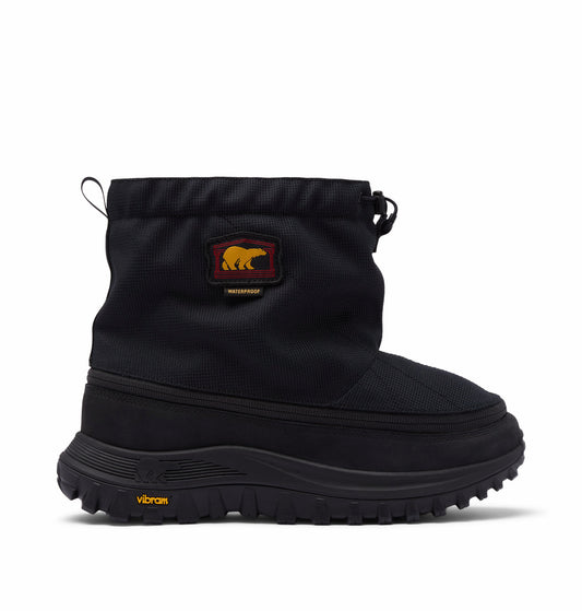 Black boot with zip off top and a SOREL X ARIES logo on a white background