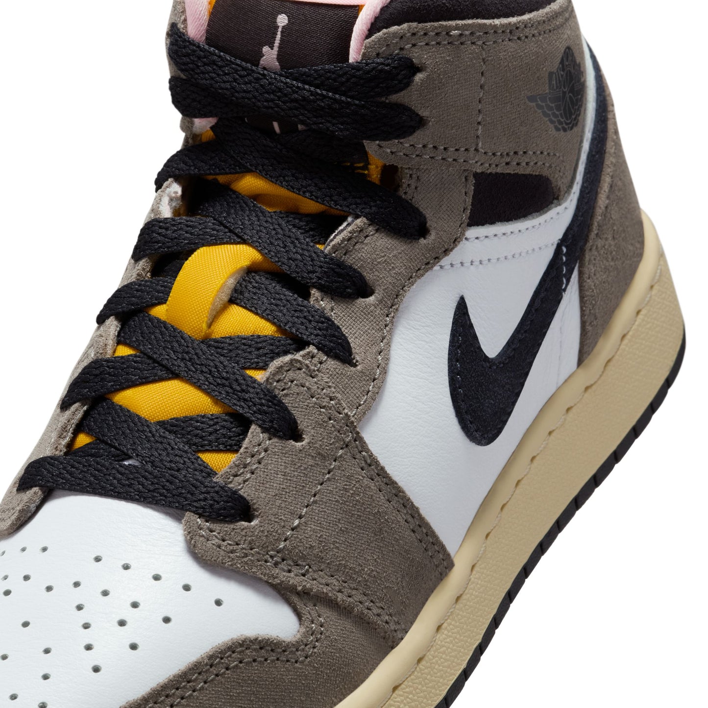 Air Jordan 1 Mid SEBig Kids' ShoesColor:White/oil Grey-cave Stone-dark Sulfur HQ2014-100