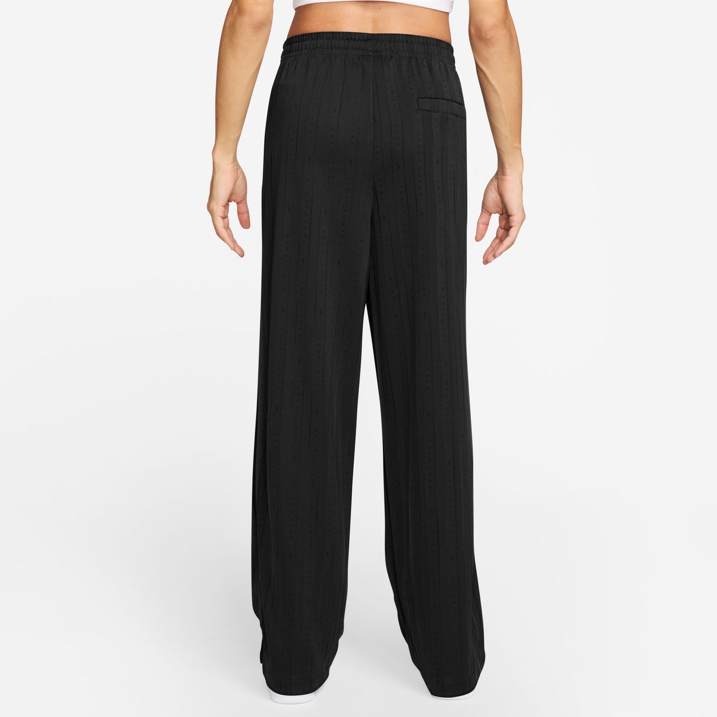Black wide-leg pants worn by a person on a white background