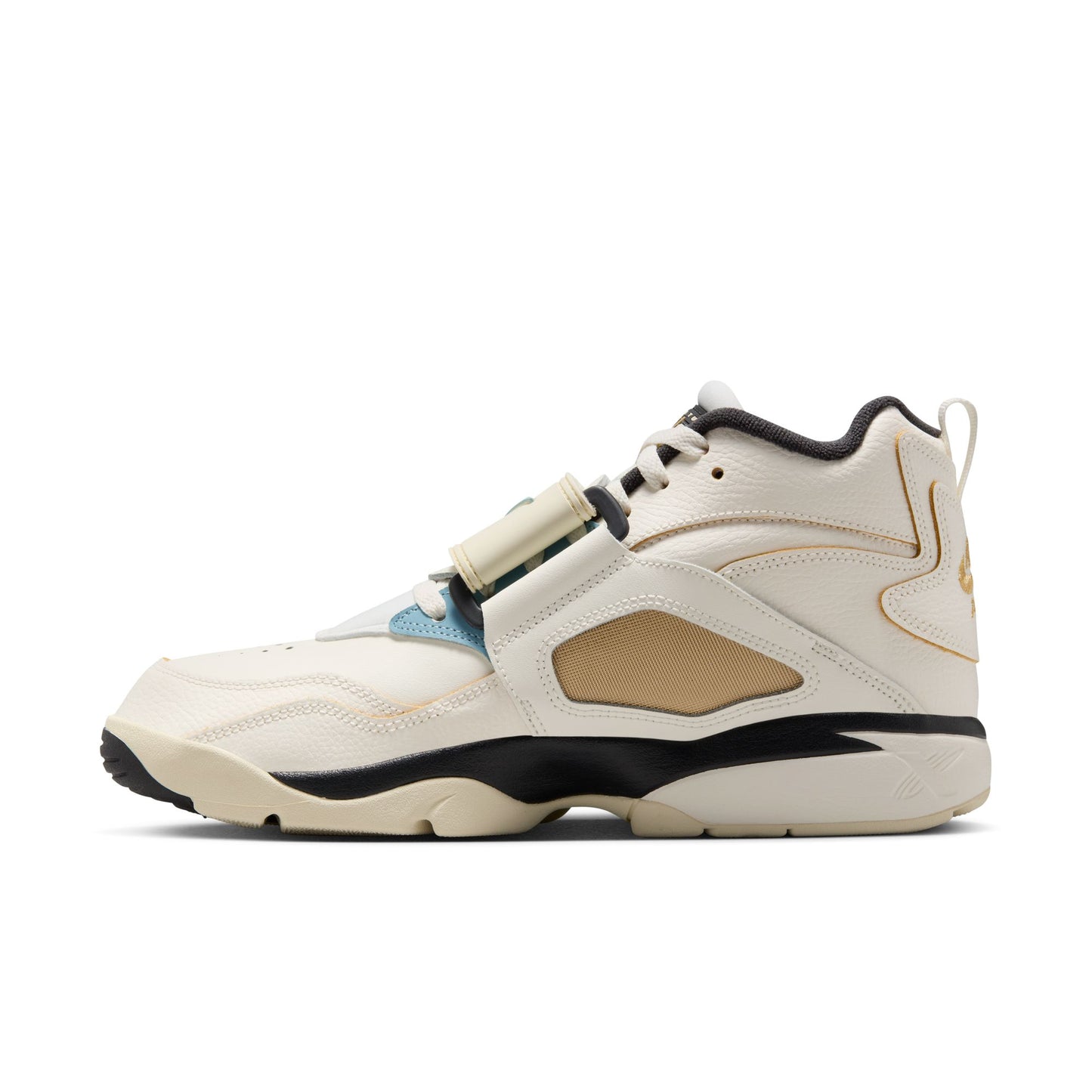 White sneaker with gold accents on a white background