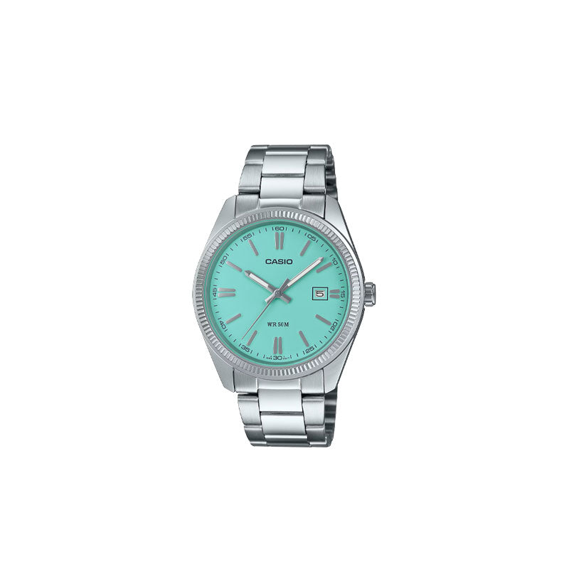 CASIO VINTAGE TURQUOISE BLUE DIAL STAINLESS STEEL ANALOG WATCH MTP1302D-2A2