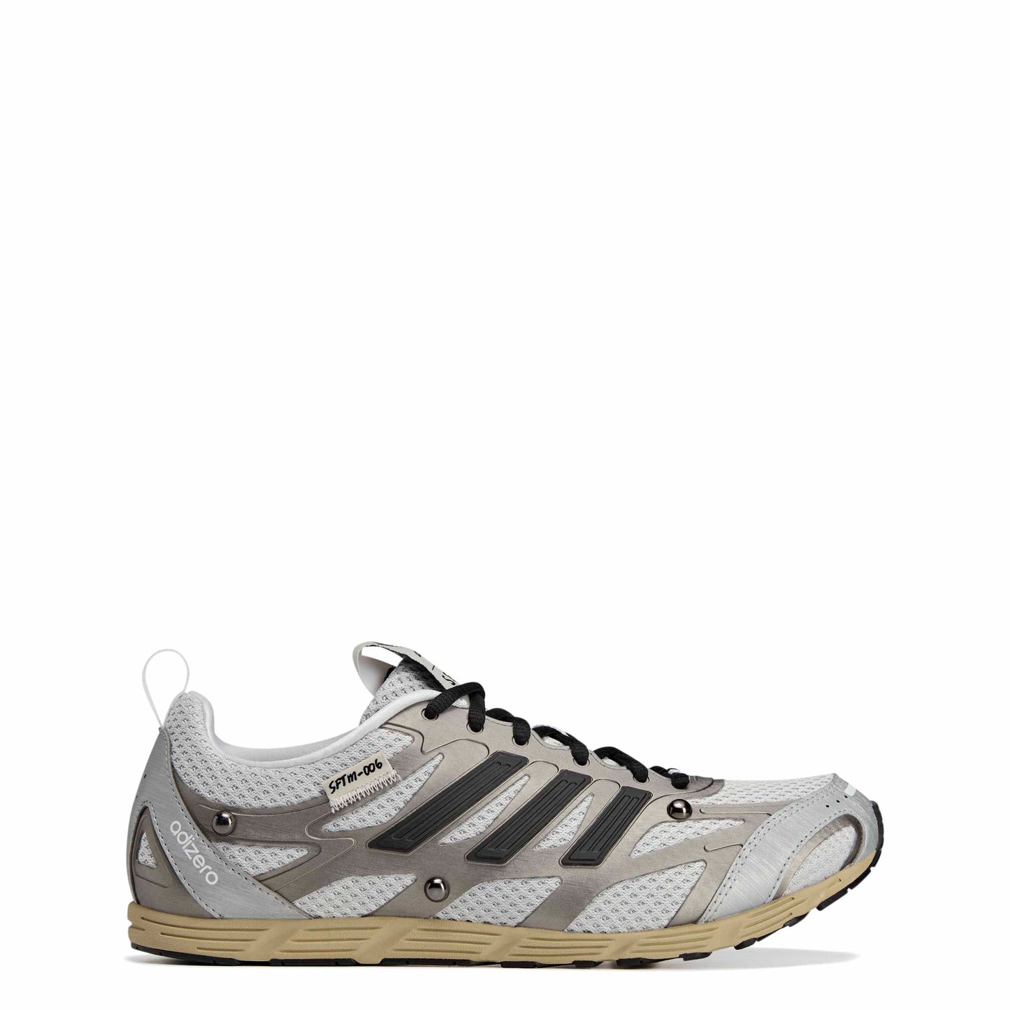 Gray athletic shoe with black accents on a white background
