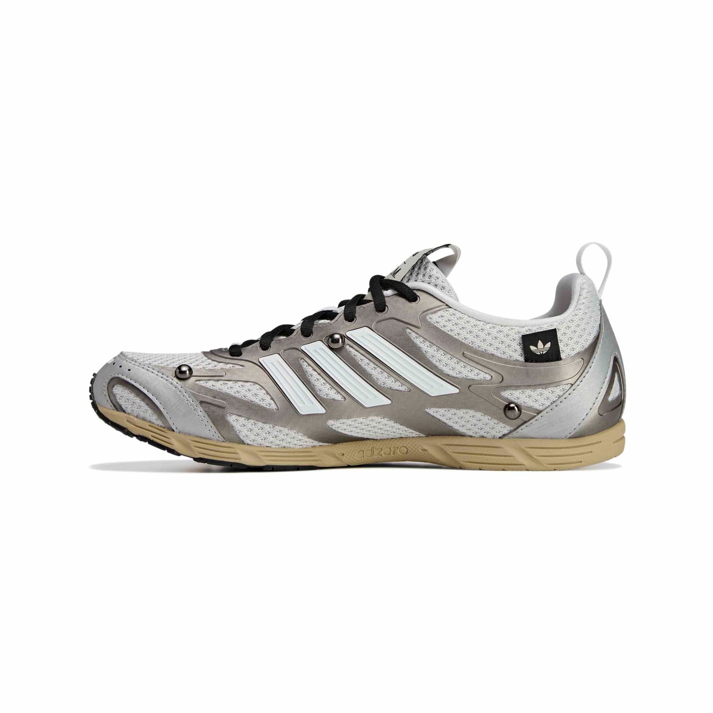 Gray and white athletic shoe with black accents on a white background