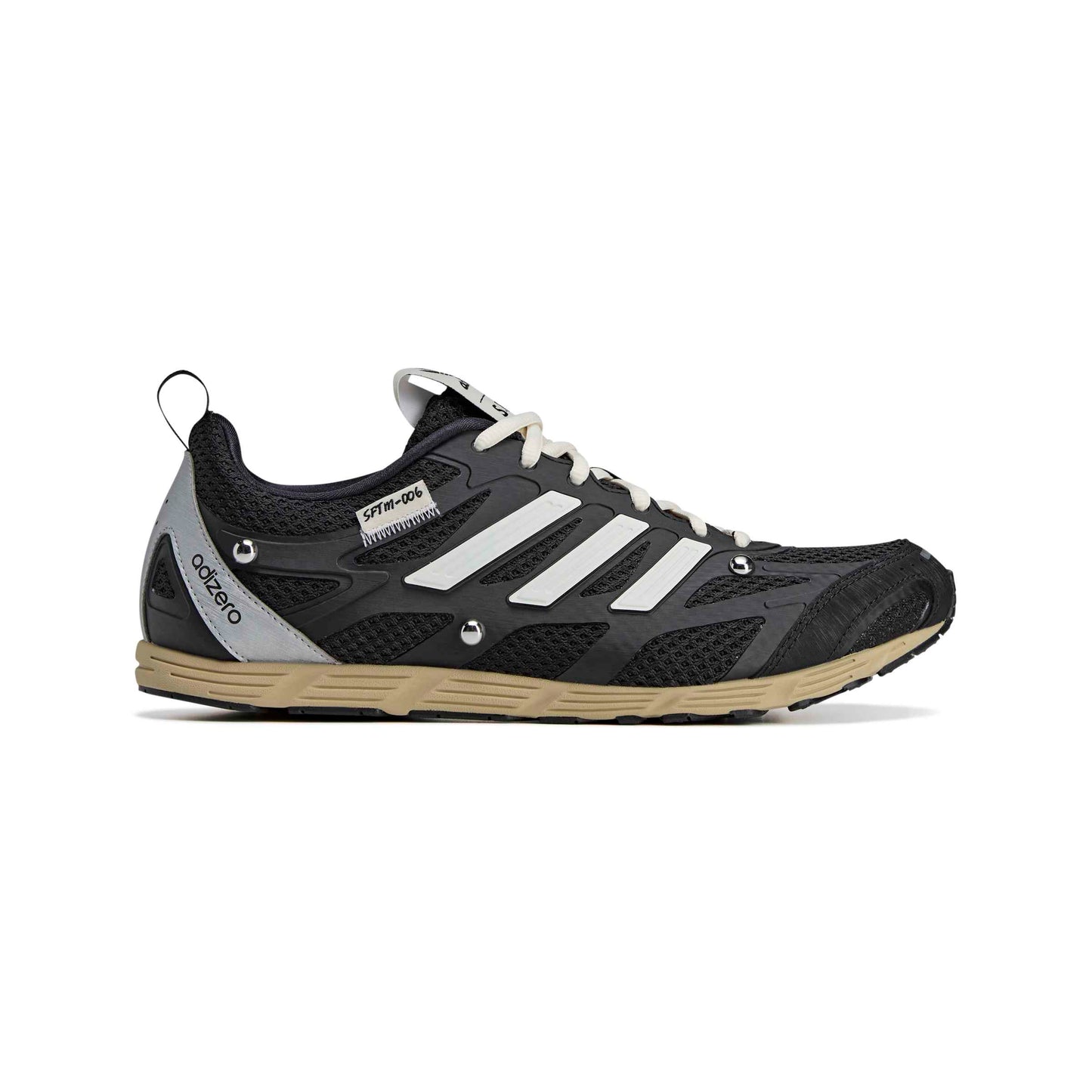 Black and white athletic shoe with visible branding on a white background