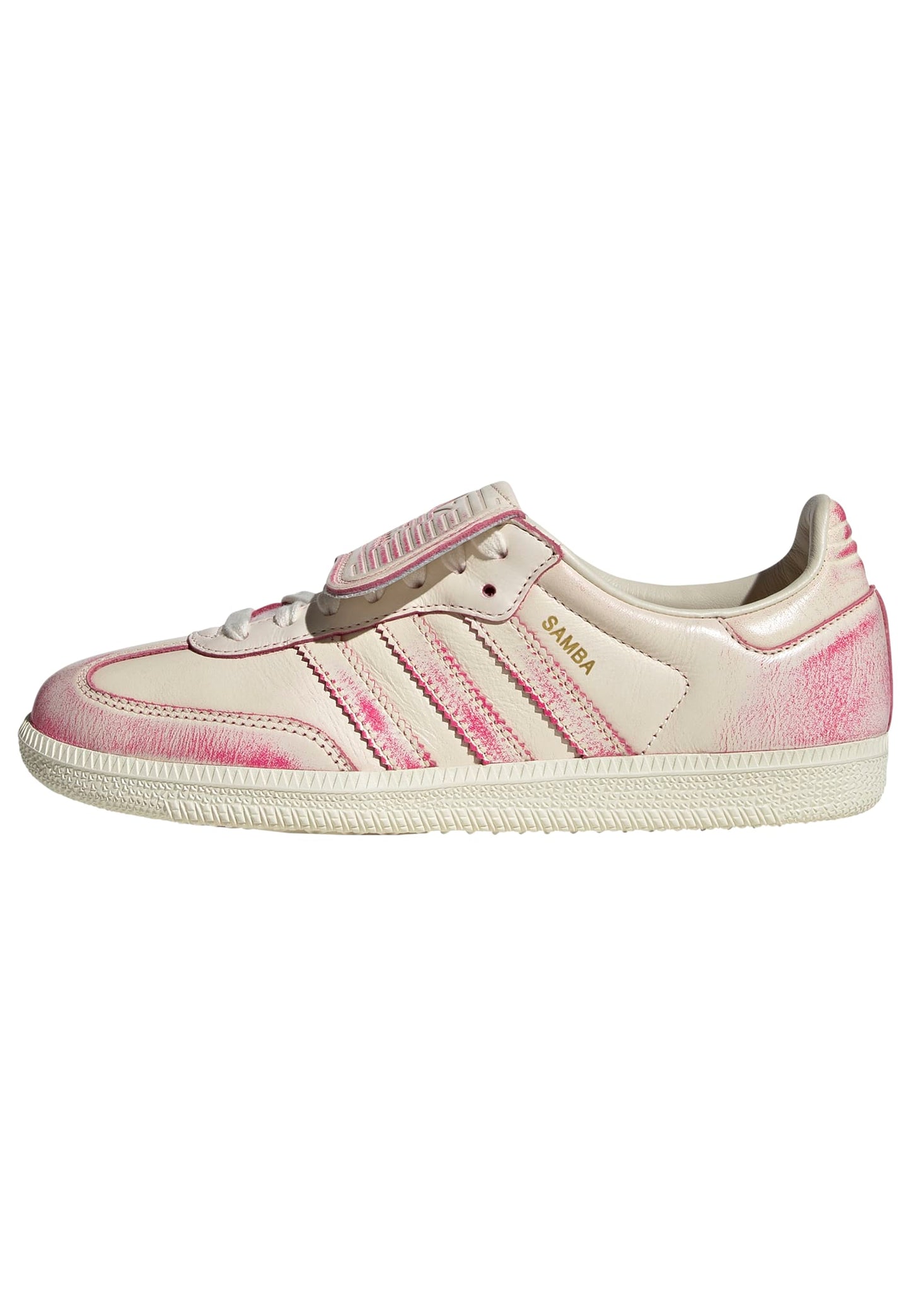 Pink and white sneaker with a visible brand logo on a white background