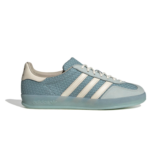 Sky Blue Adidas sneaker with white stripes on a white background