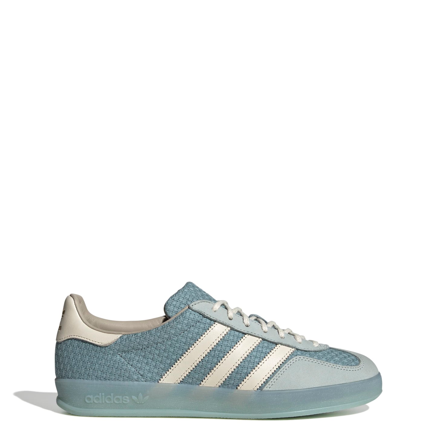 Light blue Adidas sneaker with white stripes on a white background