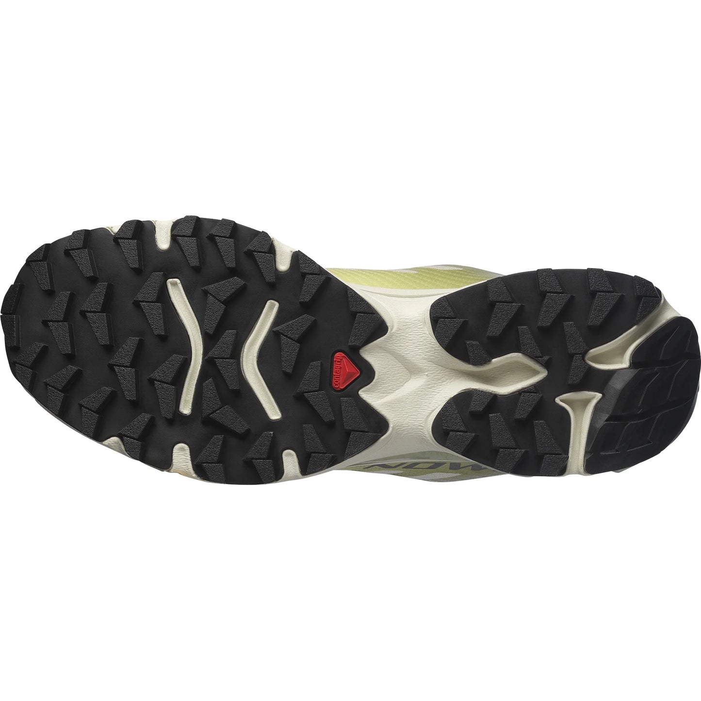 Close-up of a Salomon sole with a textured pattern on a white background