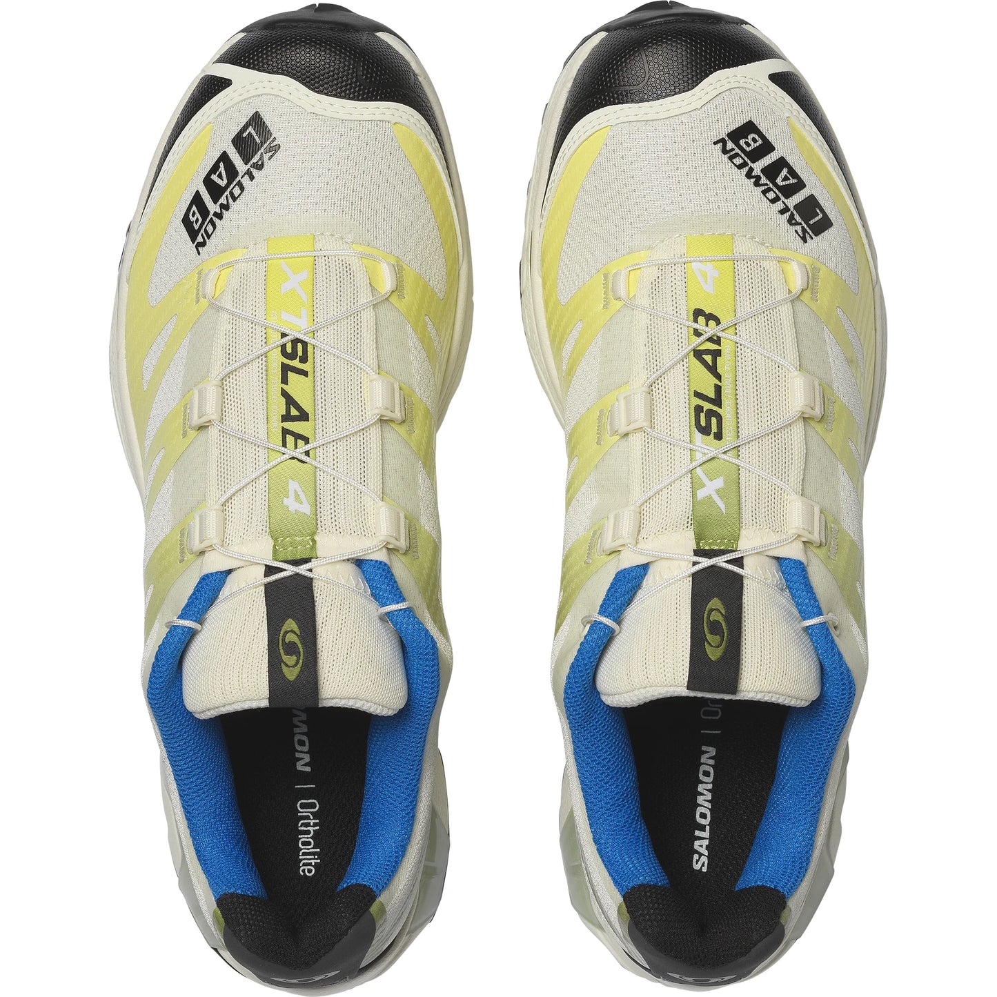 Pair of Salomon XT4 running shoes with white, yellow, and blue design on a white background