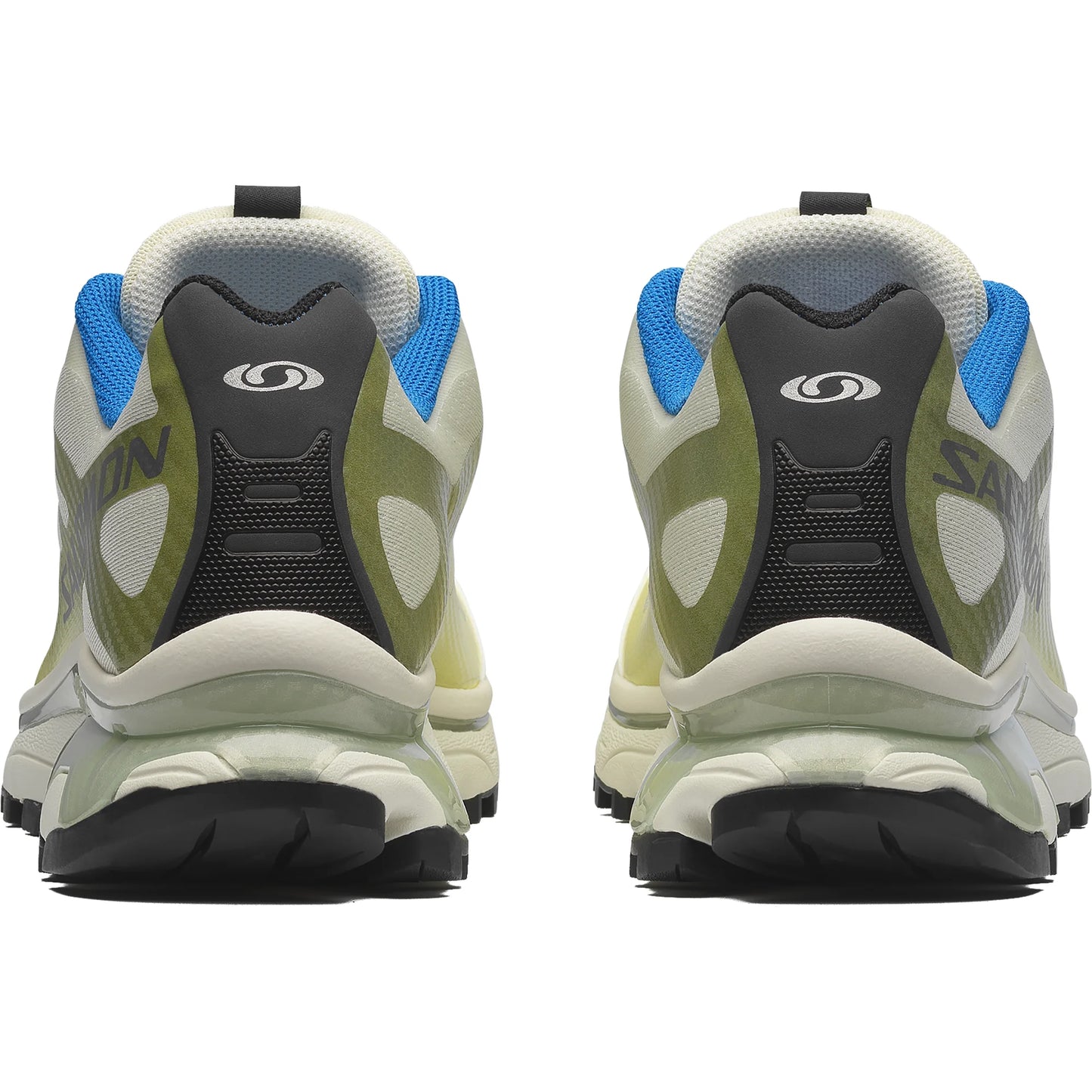 Back view of green and black hiking shoes with blue accents on a white background