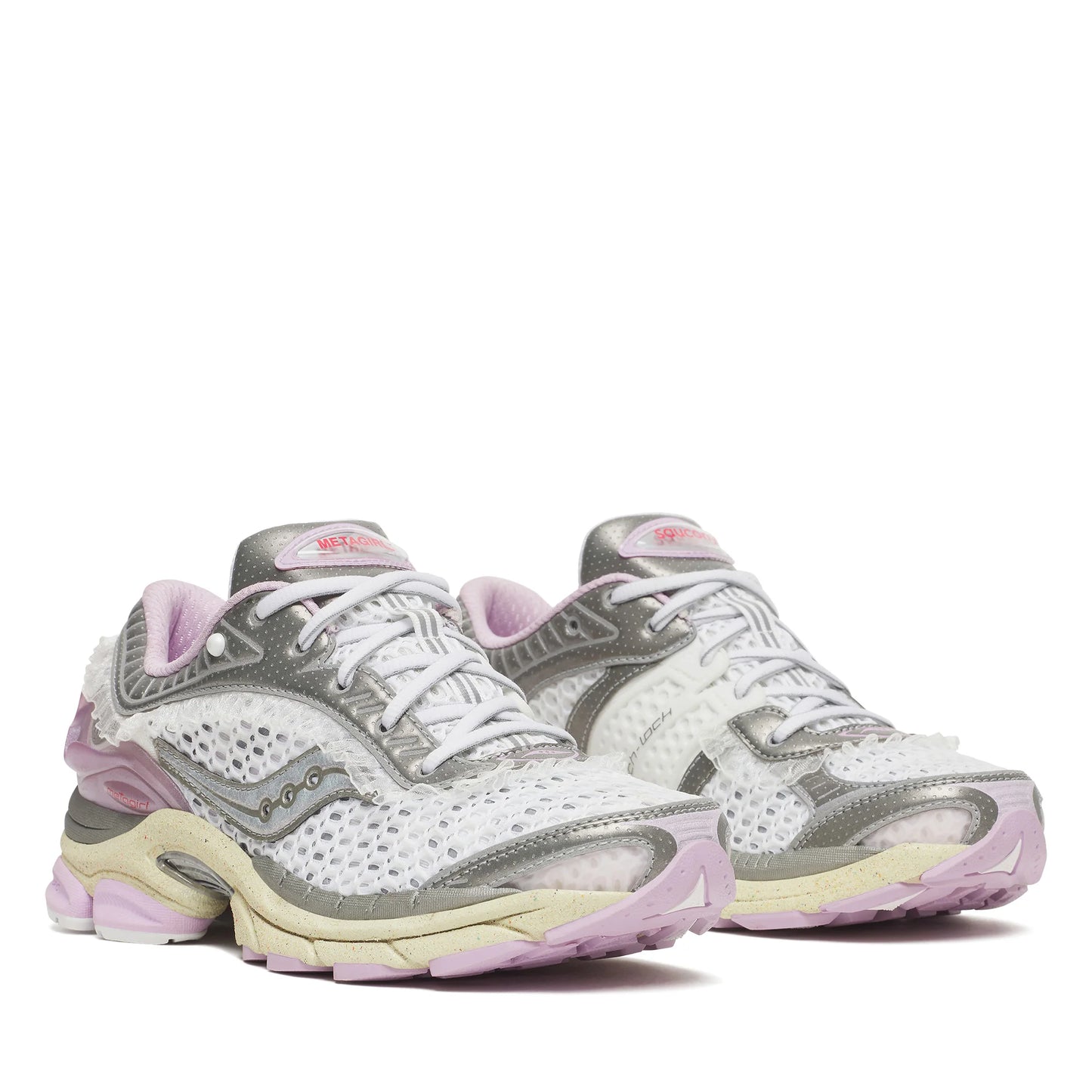 Pair of Saucony running shoes on a white background