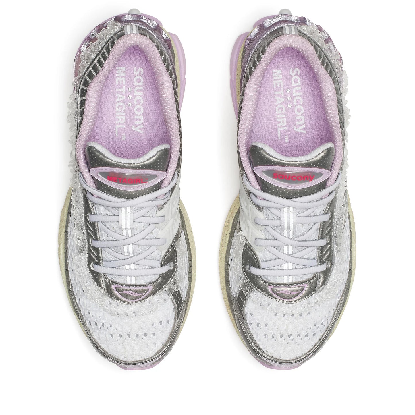 White sneakers with purple accents and visible branding on a white background