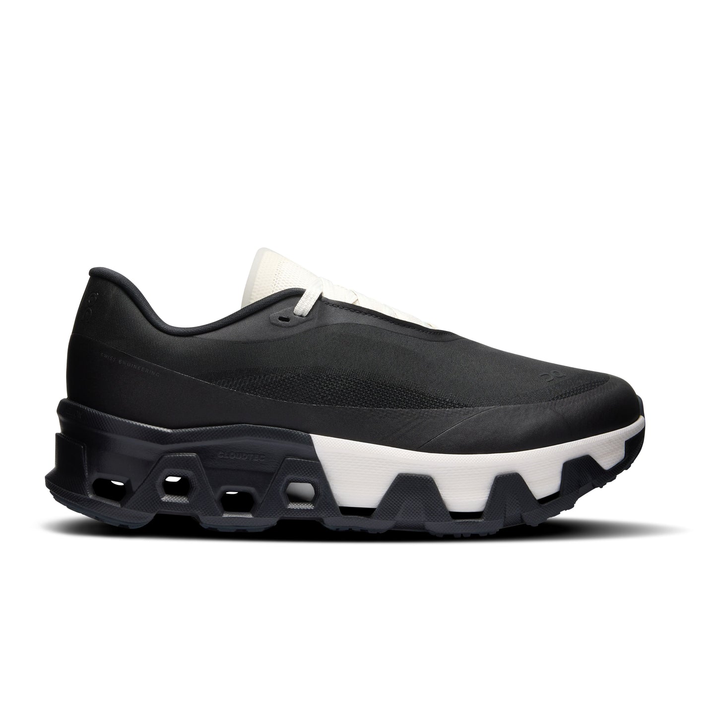 Black sneaker with white sole on a white background