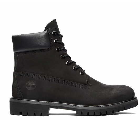 Black suede Timberland 6 inch boot with embossed brand logo on a white background