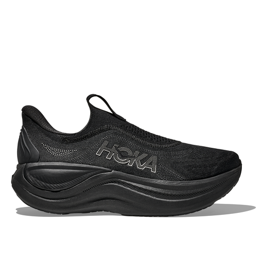 Black lace less Hoka running shoe on a white background