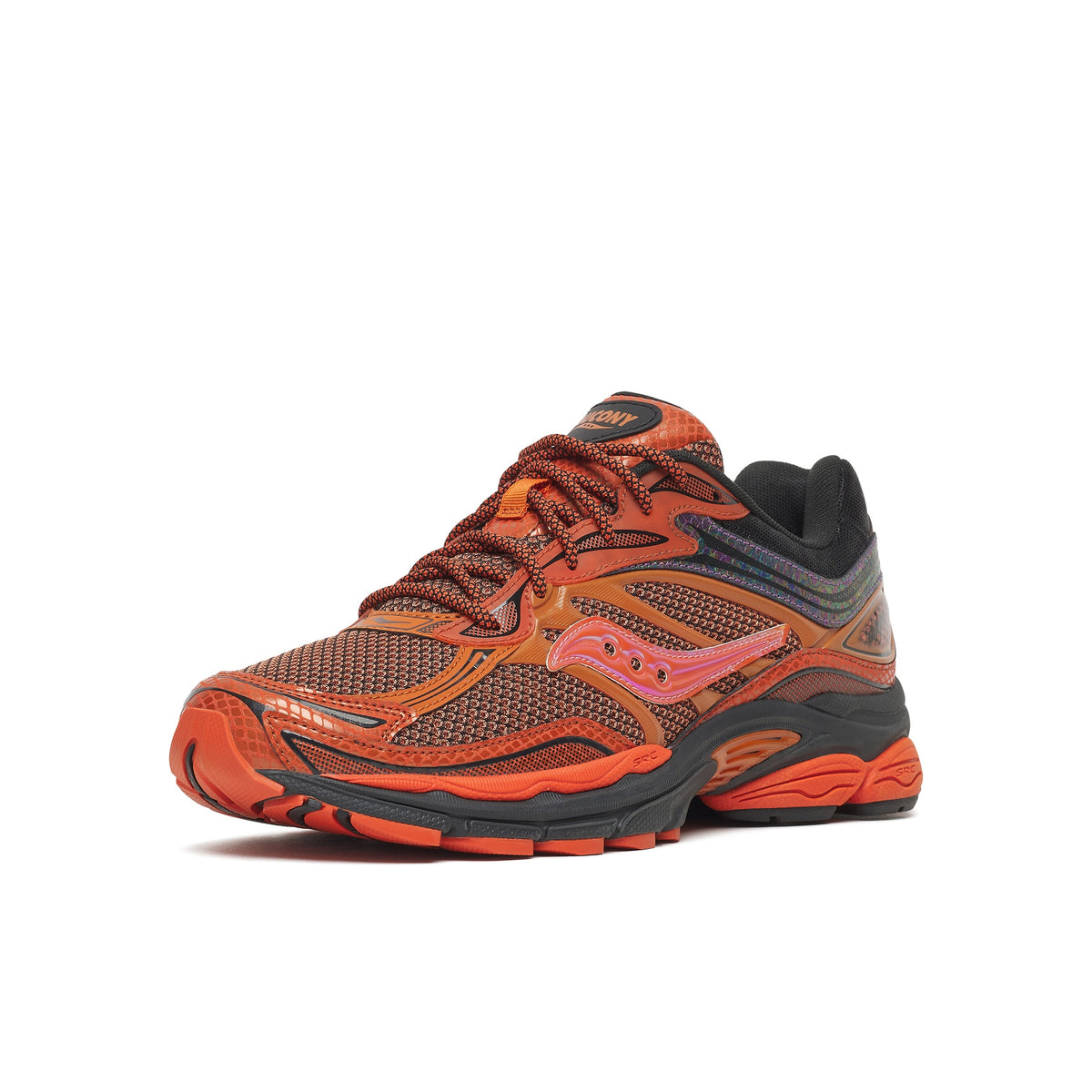 Saucony ProGrid Omni 9 in Copper Glow, front angle view: orange mesh, pink Saucony logo, black collar and sole