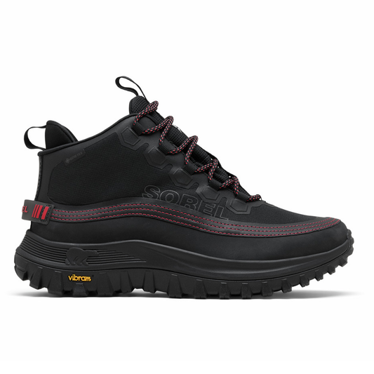 Black hiking boot with red accents on a white background