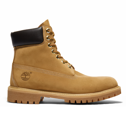 Tan Timberland boot with black collar on a white background