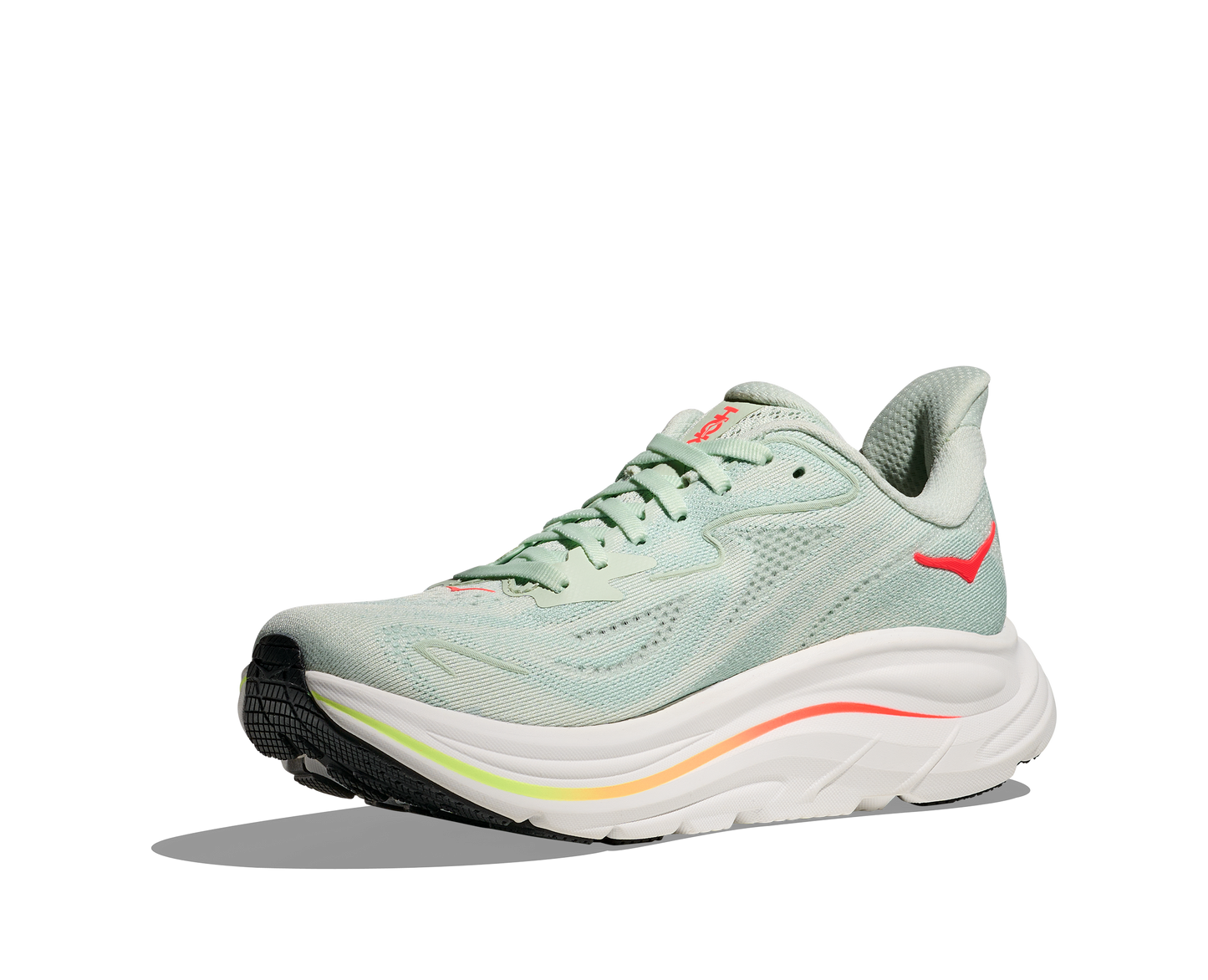 Hoka Clifton 10 Womens Shoes Color: Sea Glass/Neon Flame Style: 1162031-SLSSN