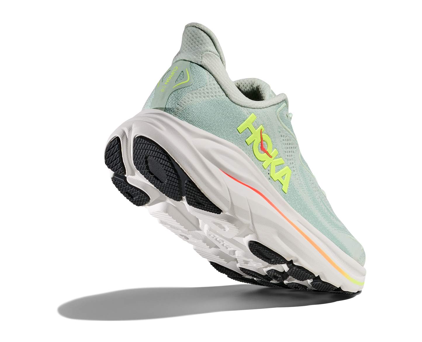 Hoka Clifton 10 Womens Shoes Color: Sea Glass/Neon Flame Style: 1162031-SLSSN