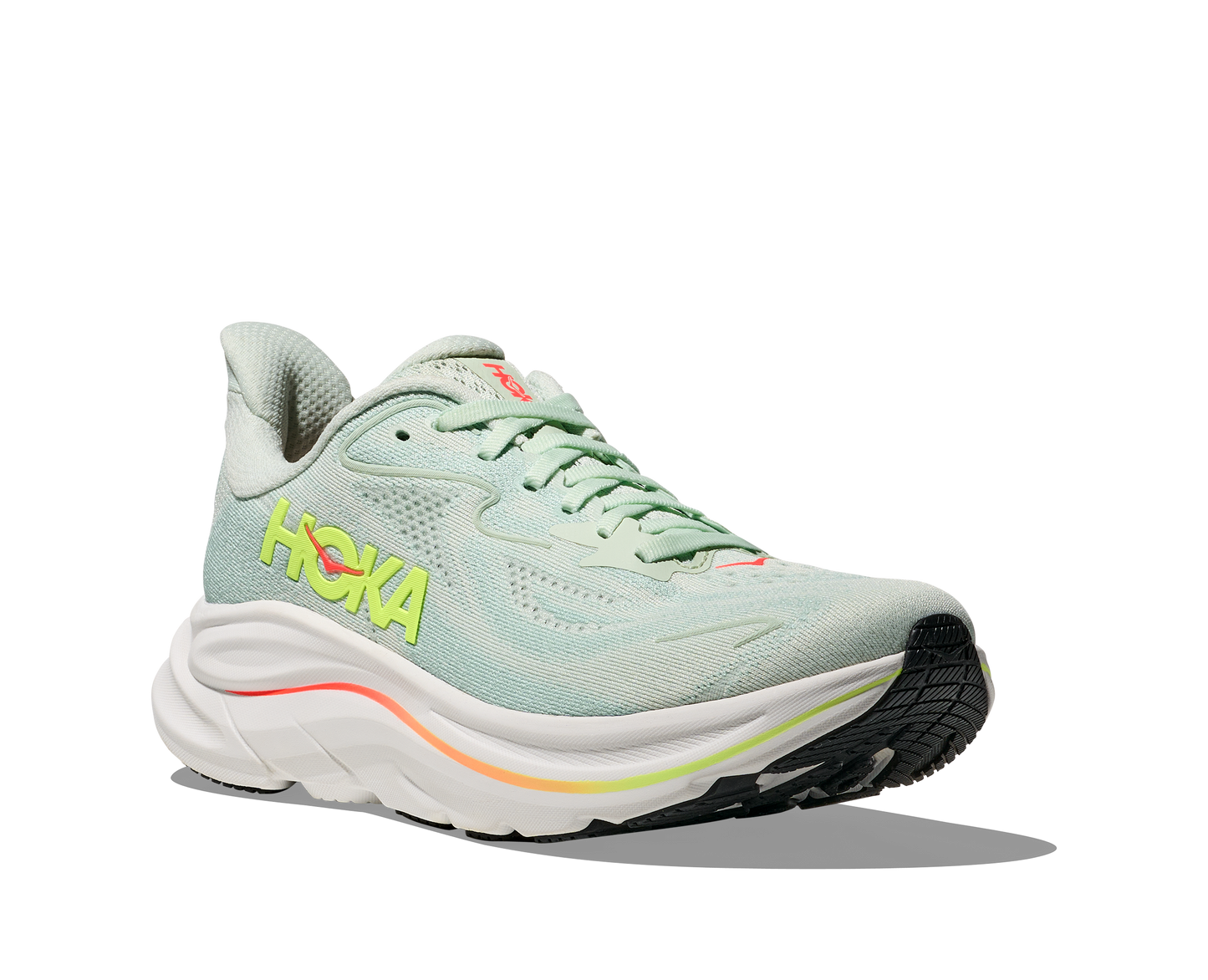 Hoka Clifton 10 Womens Shoes Color: Sea Glass/Neon Flame Style: 1162031-SLSSN