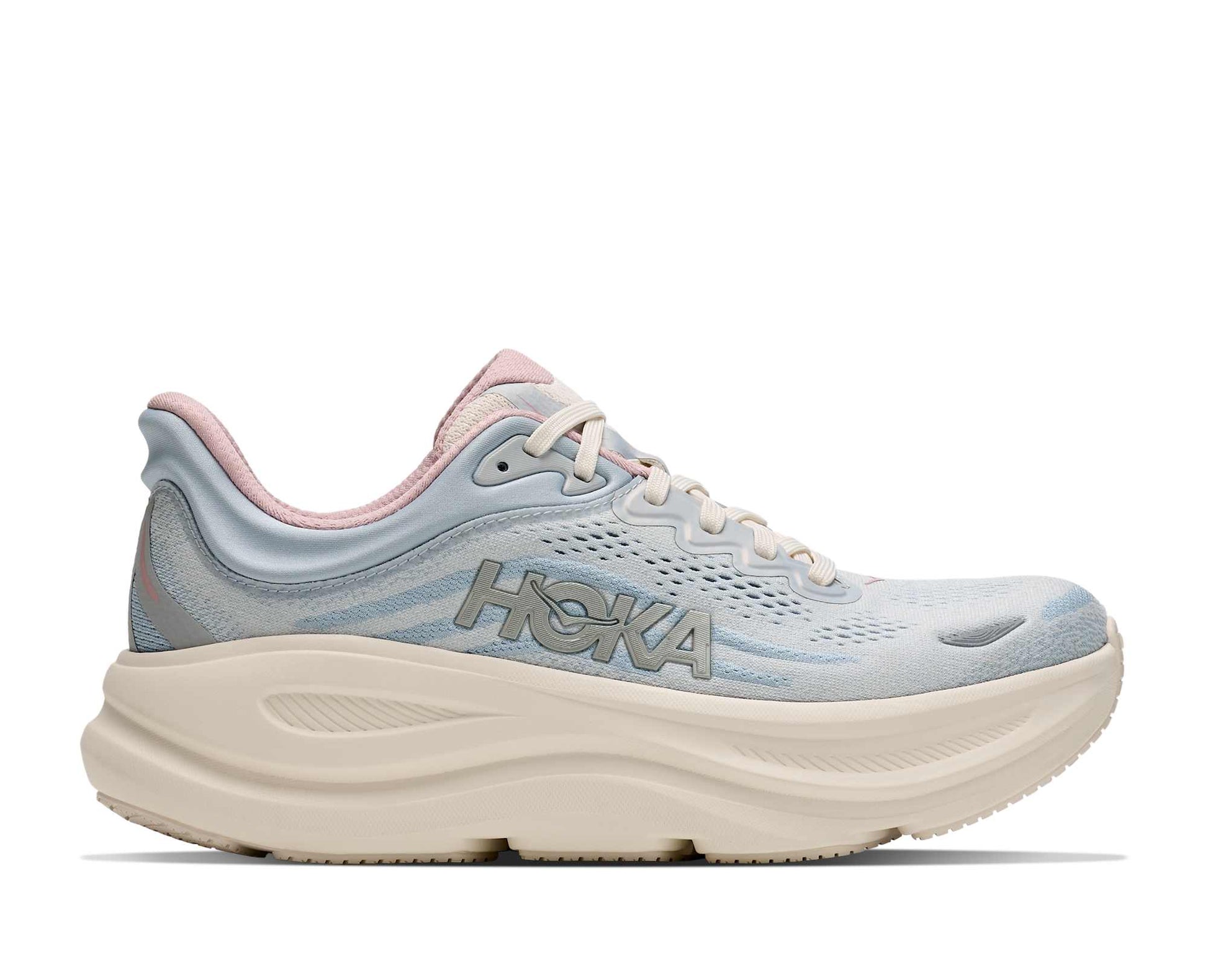 HOKA Bondi 9 GLM Women's Shoes Color: Alabaster / Mineral Blue Style: 1179195-ATRM