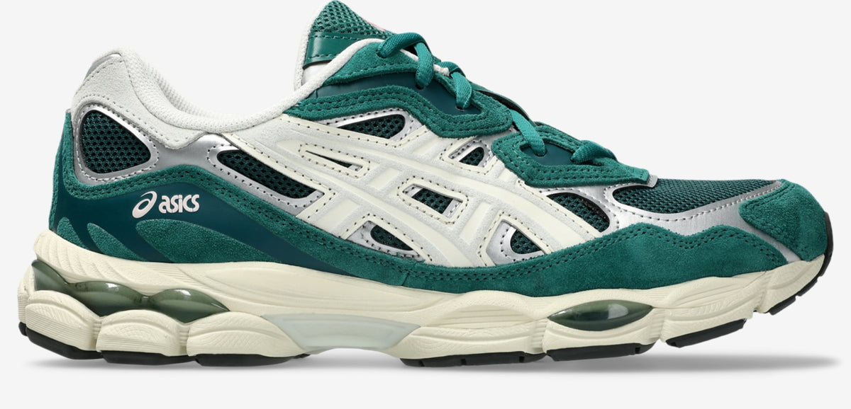 ASICS GEL-NYC side view in Everglade/Light Sage: green suede and mesh, cream overlays, silver accents, cream sole
