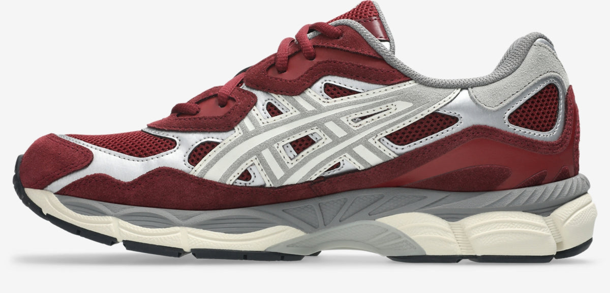 ASICS GEL-NYC in Beet Juice/Seal Grey, side view showing red suede and mesh, silver overlays and grey-cream sole