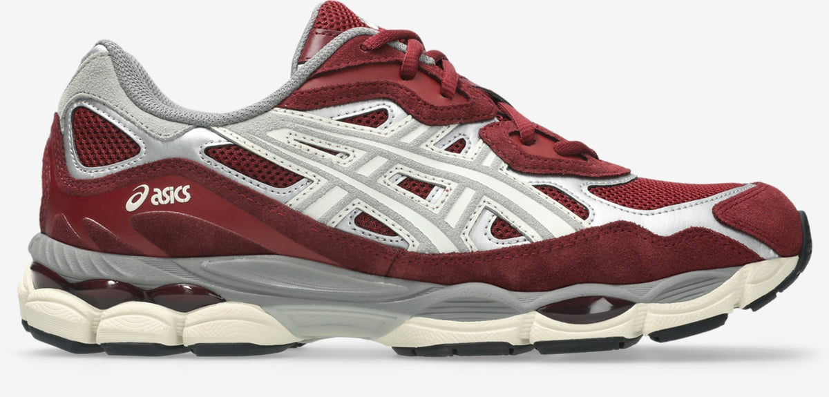 ASICS GEL-NYC side view in Beet Juice/Seal Grey with red mesh and suede, silver overlays and cream midsole