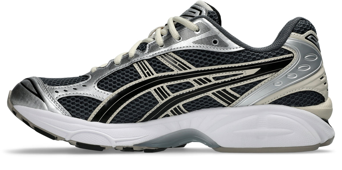 ASICS GEL-KAYANO 14 in Carrier Grey / Black, other side view with grey mesh, silver overlays and black stripes