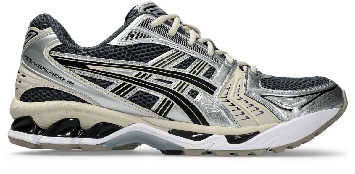 ASICS GEL-KAYANO 14 in Carrier Grey/Black, side view with grey mesh, silver overlays, black stripes, cream midsole