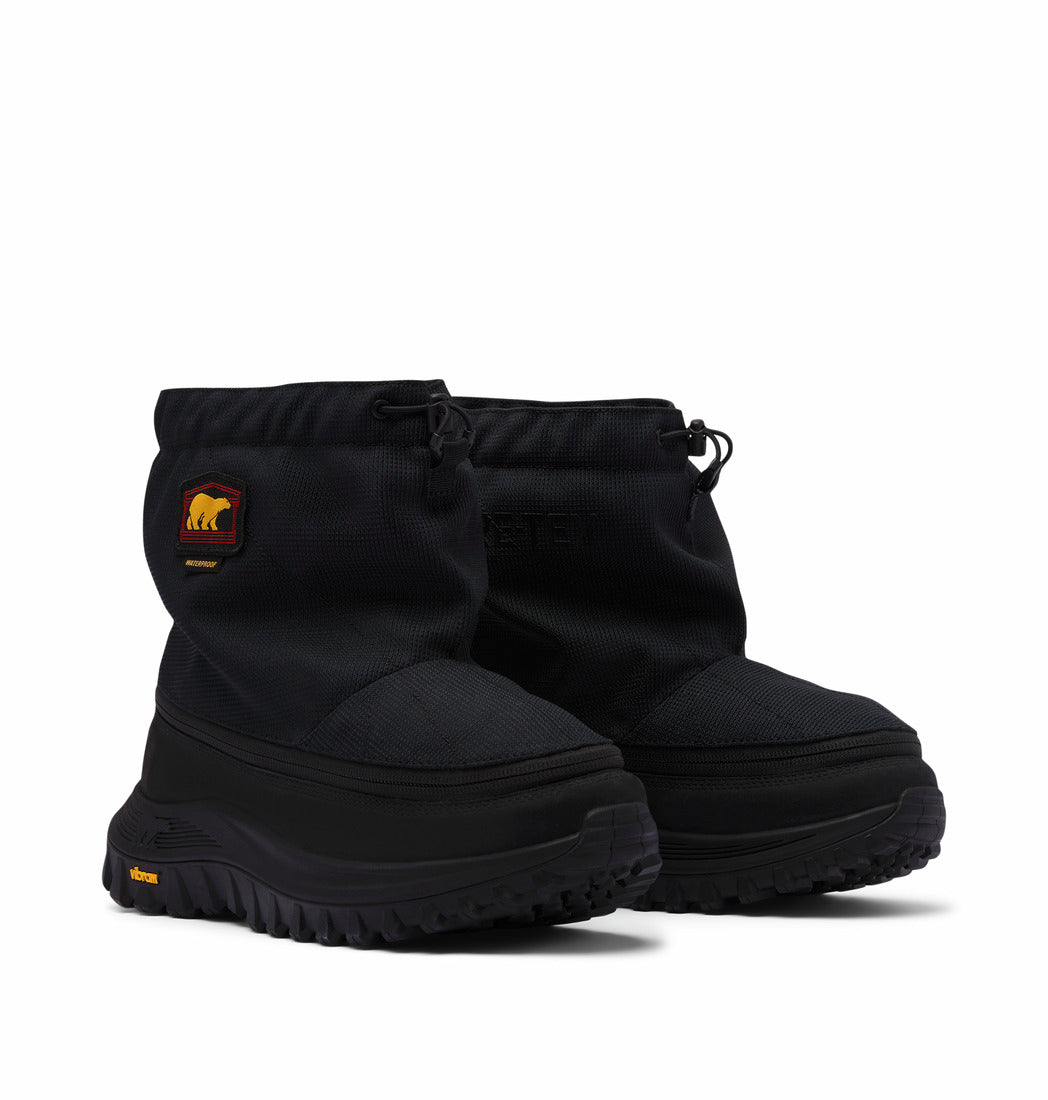 Black winter boots with a brand logo on a white background