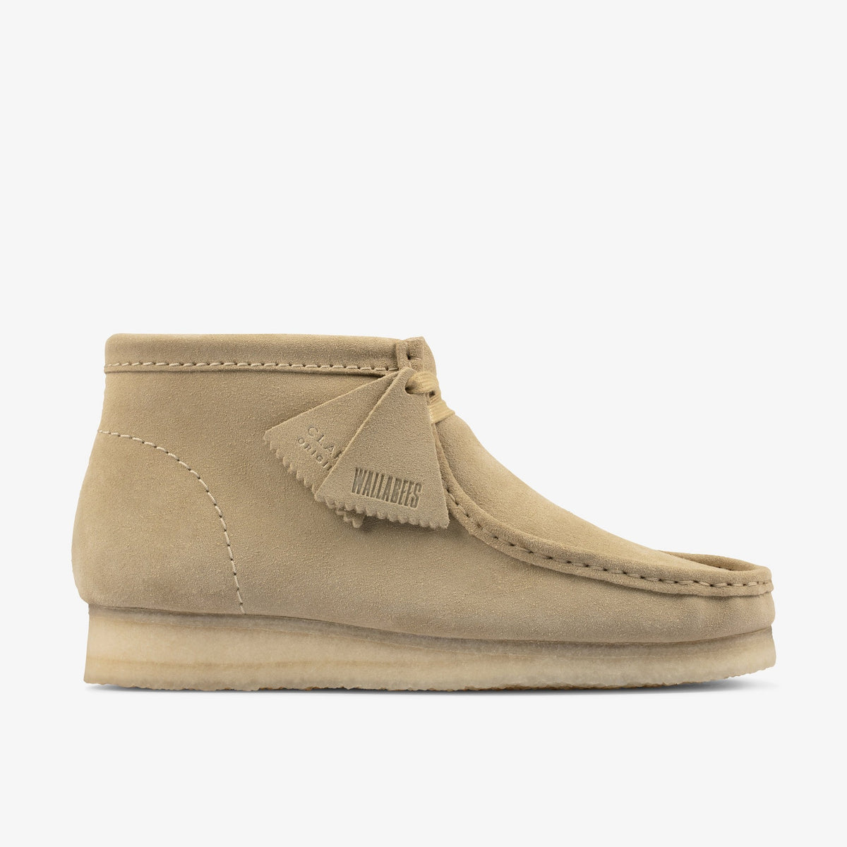 Clarks Wallabee Boot side view in Maple Suede with moc toe stitching, WALLABEES leather tag and crepe sole