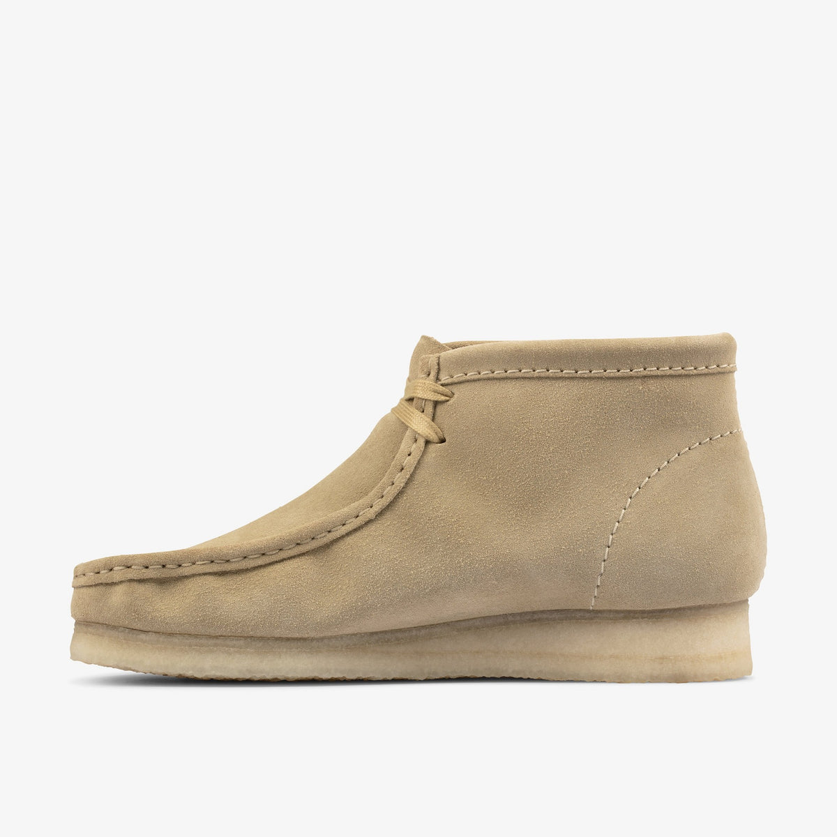 Clarks Wallabee Boot side view in Maple Suede with moc toe stitching, tan laces and a light crepe sole