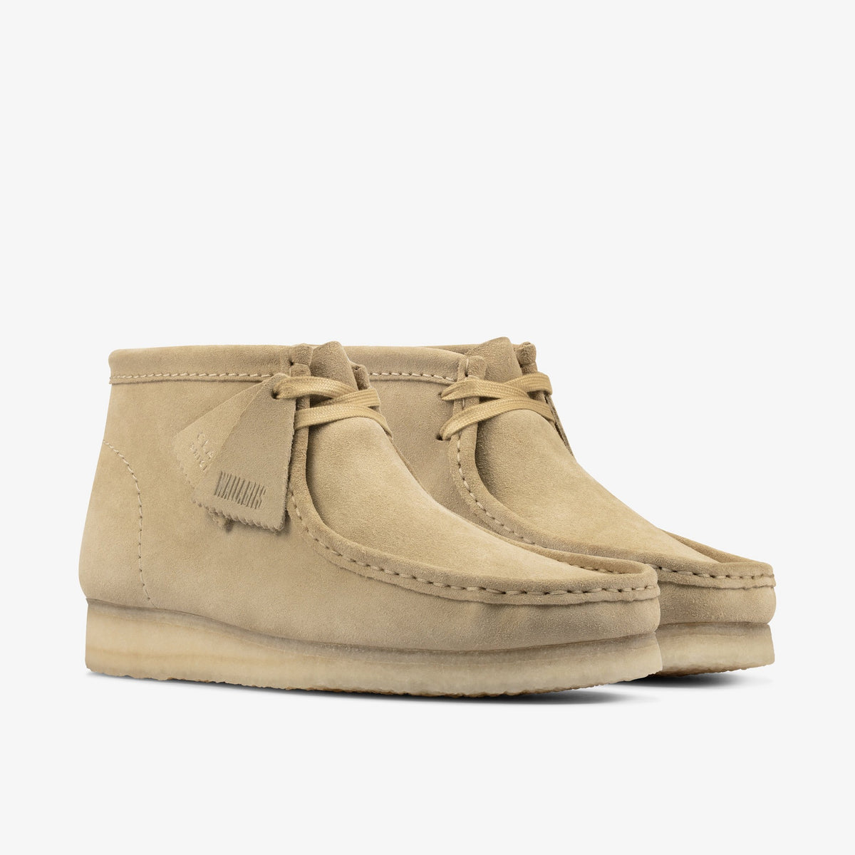 Clarks Wallabee Boot pair in Maple Suede, front angle showing moc toe stitching, tan laces, leather tag and crepe soles