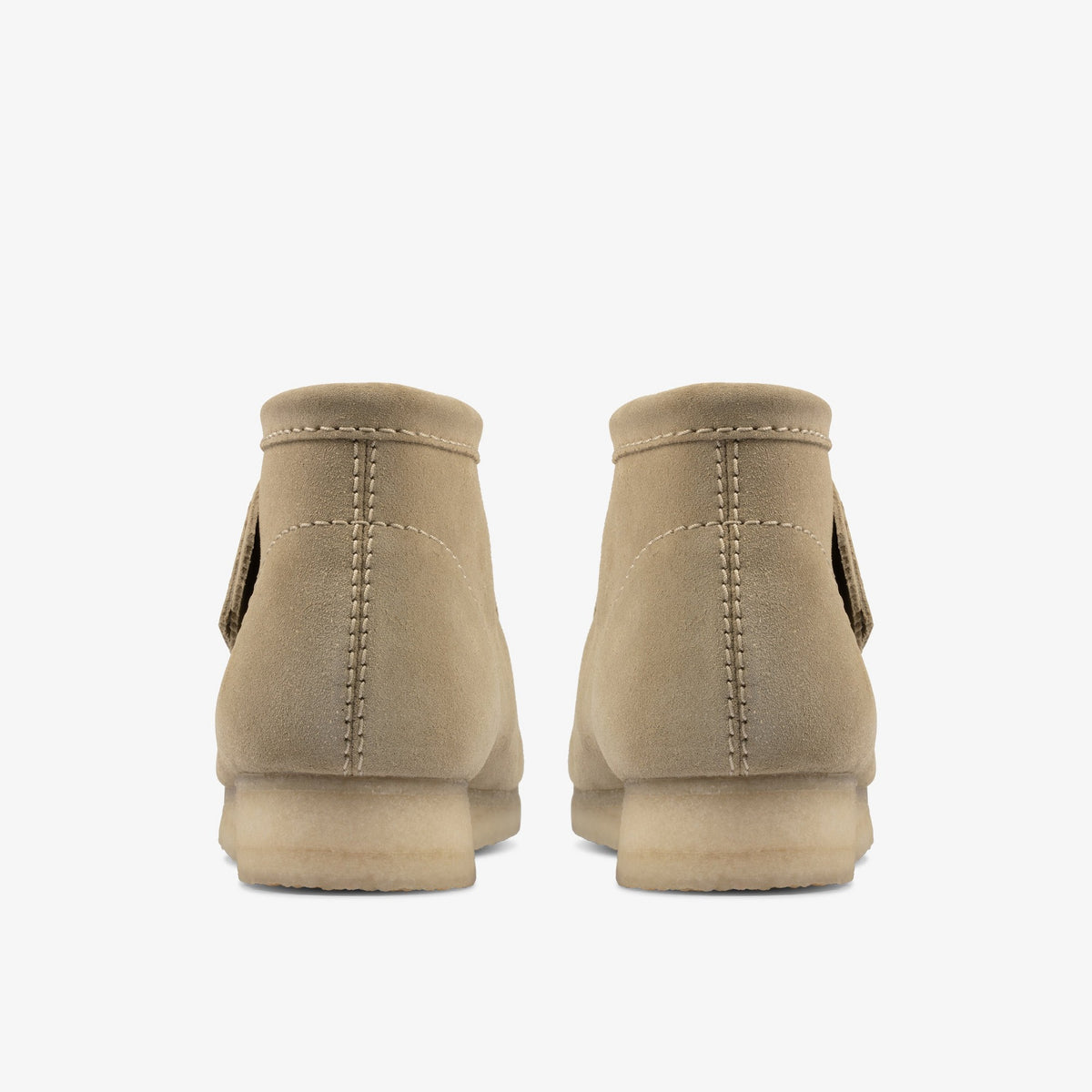 Clarks Wallabee Boot back view of pair in Maple Suede with tonal heel stitching and light crepe soles