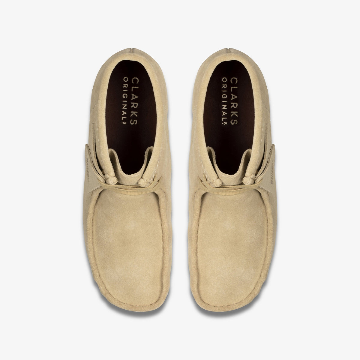 Clarks Originals Wallabee Boot top view of pair in Maple Suede, moc toe and dark insoles with Clarks Originals logo