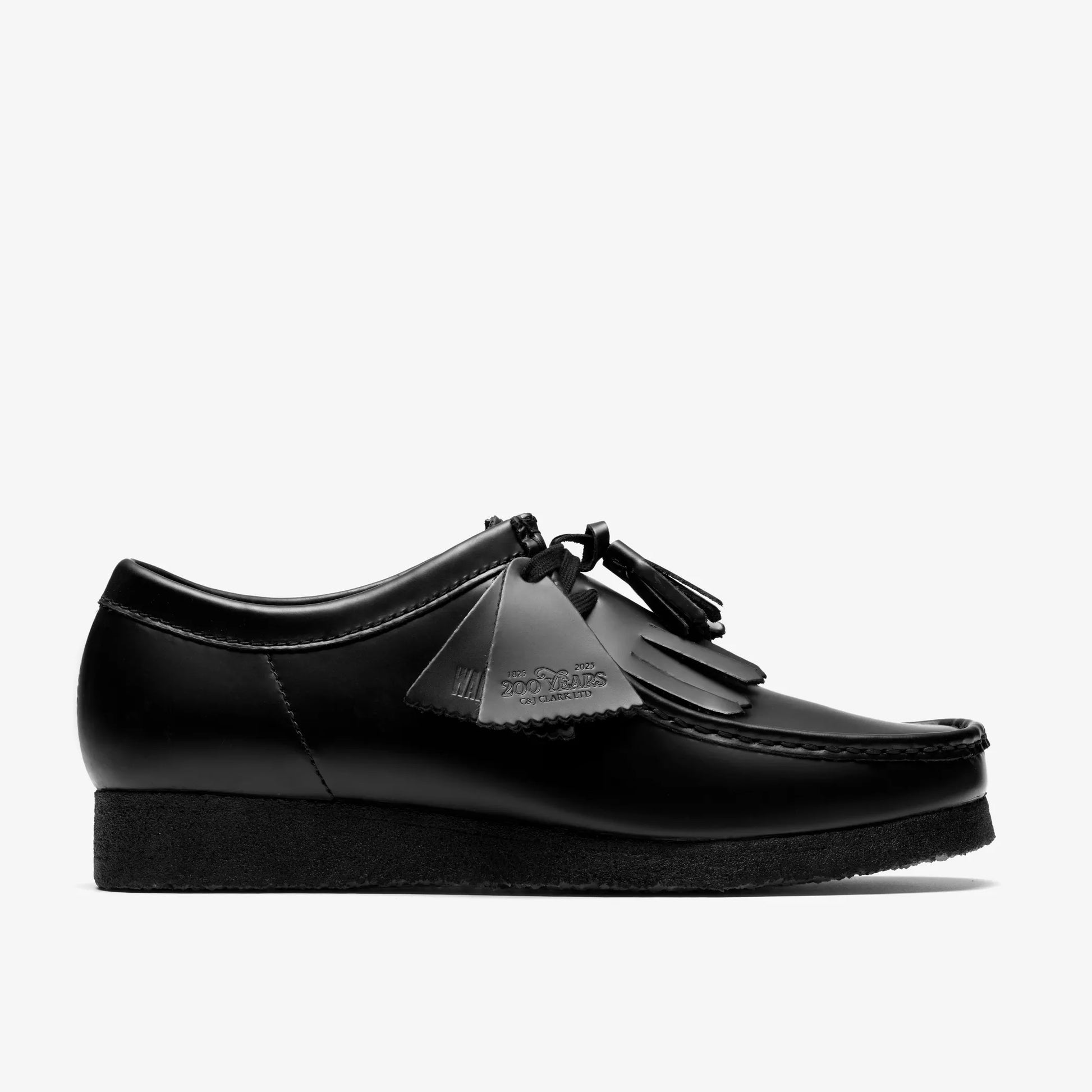 Black leather shoe with tassels on a white background
