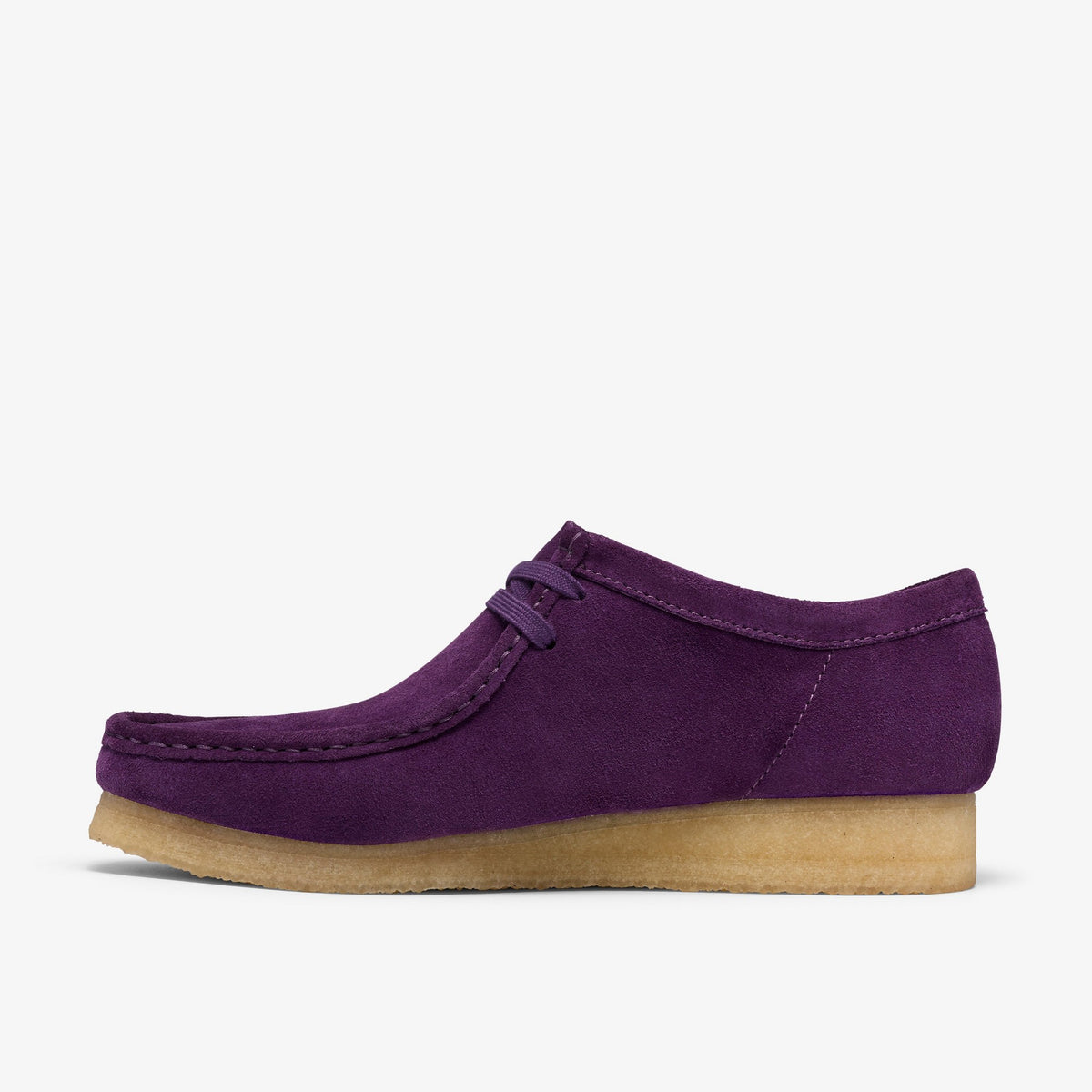 Clarks Wallabee, side view in Damson Suede with purple moc-toe stitching, matching laces and gum crepe sole