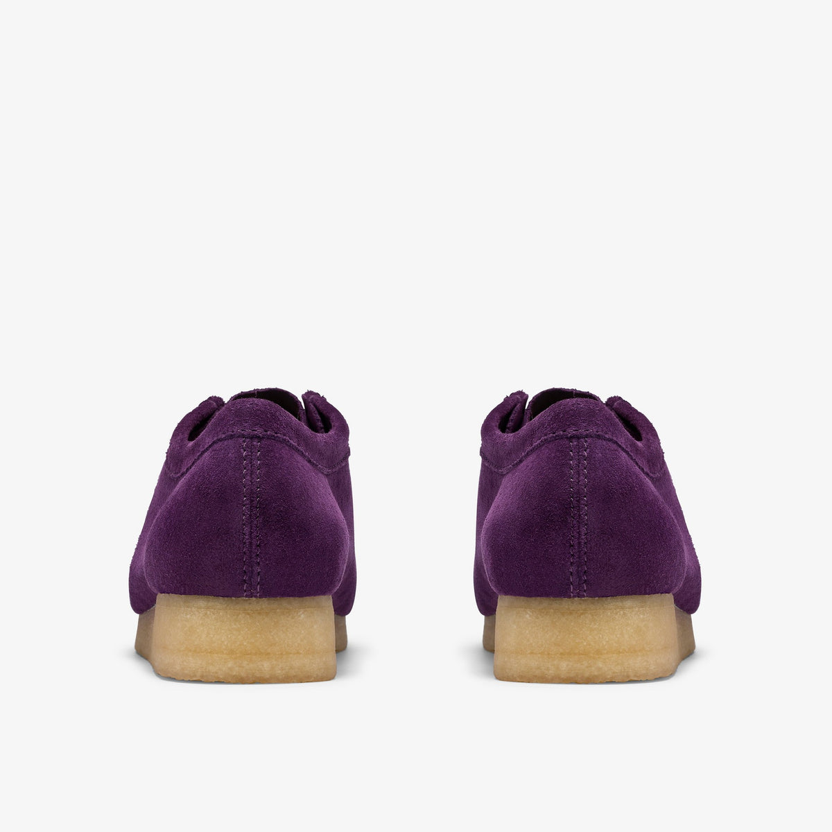 Clarks Wallabee x Blanch Yu back view of pair in Damson Suede with center heel seams and gum crepe soles