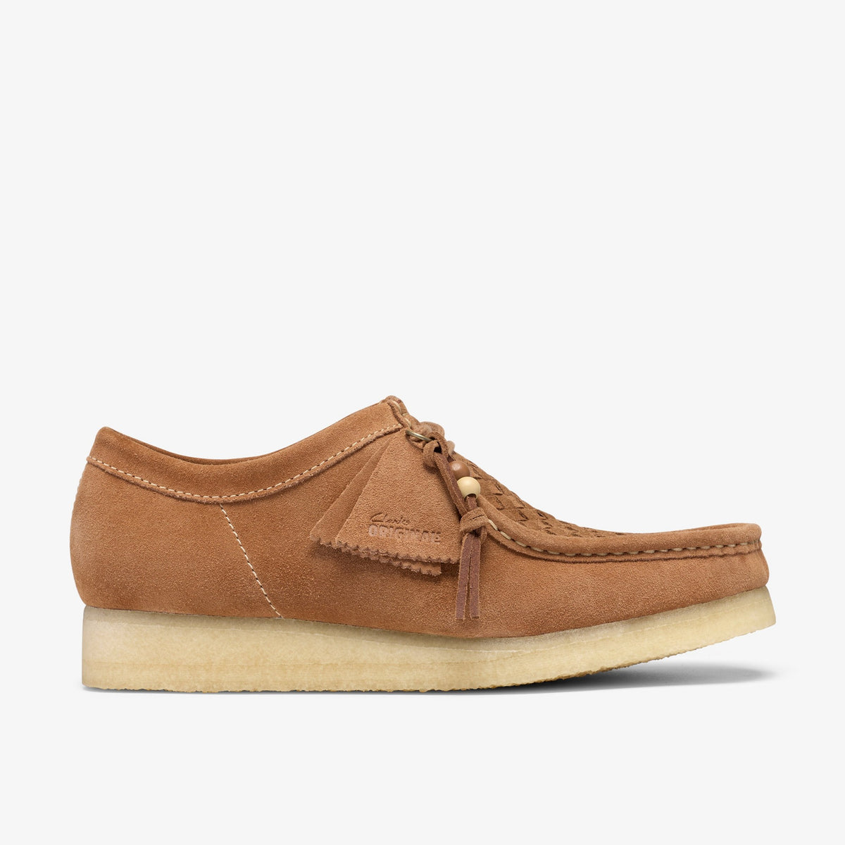 Clarks Wallabee in Tan Weave, side view showing suede upper, woven toe panel, beaded laces and crepe sole
