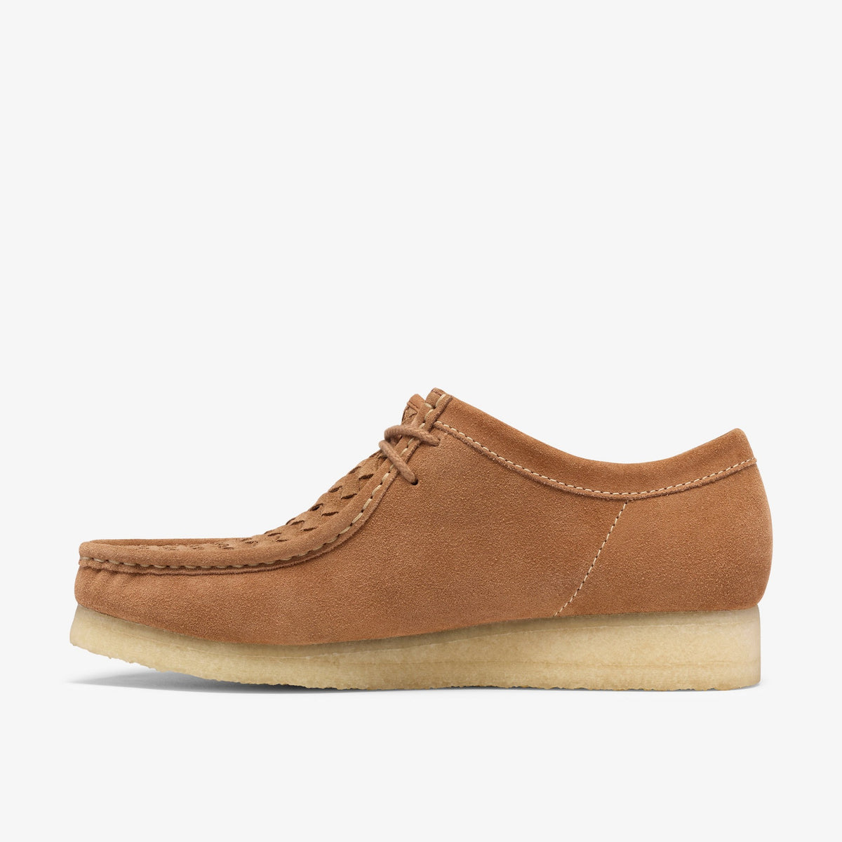 Clarks Wallabee in Tan Weave, side view of tan suede with woven perforated vamp, moc toe stitching and crepe sole