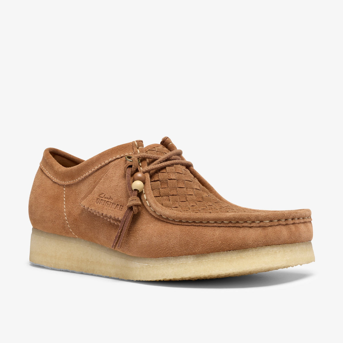 Clarks Originals Wallabee in Tan Weave, angled front view with woven suede toe, beaded laces and crepe sole