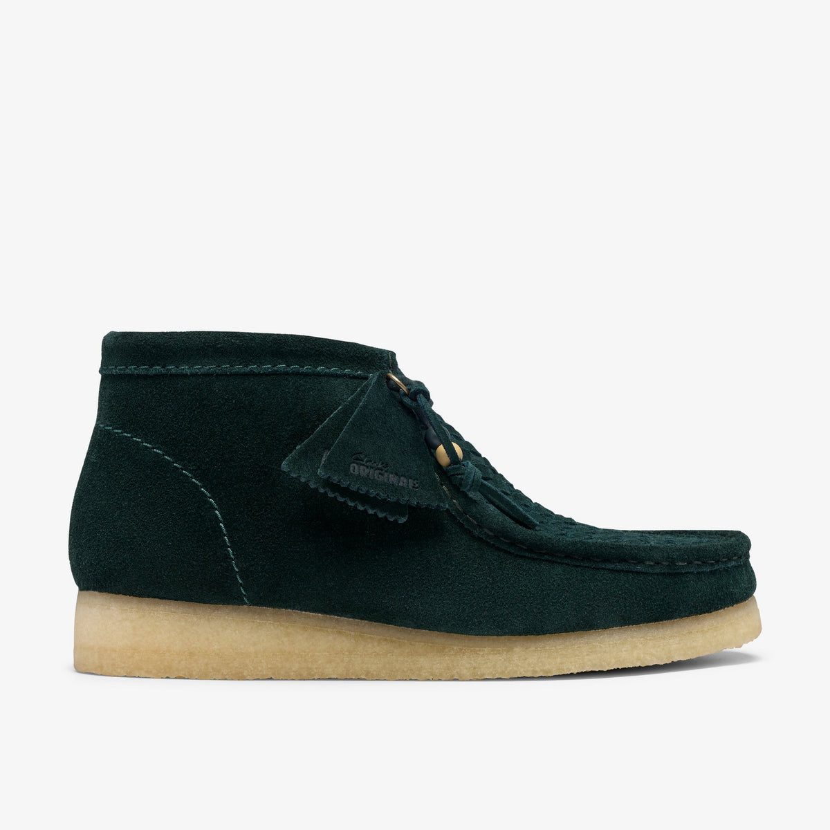Clarks Wallabee Boot side view in Forest Green Weave suede with woven toe, fringed lace tab and crepe sole