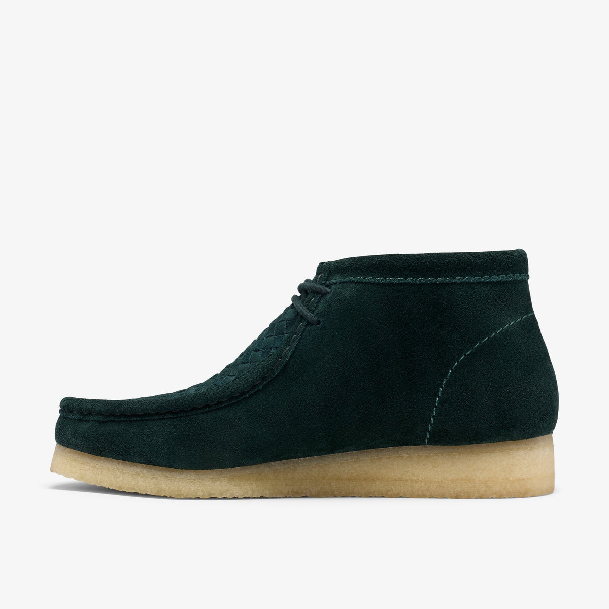 Clarks Wallabee Boot in Forest Green Weave, side view of green suede with woven vamp panel and crepe sole