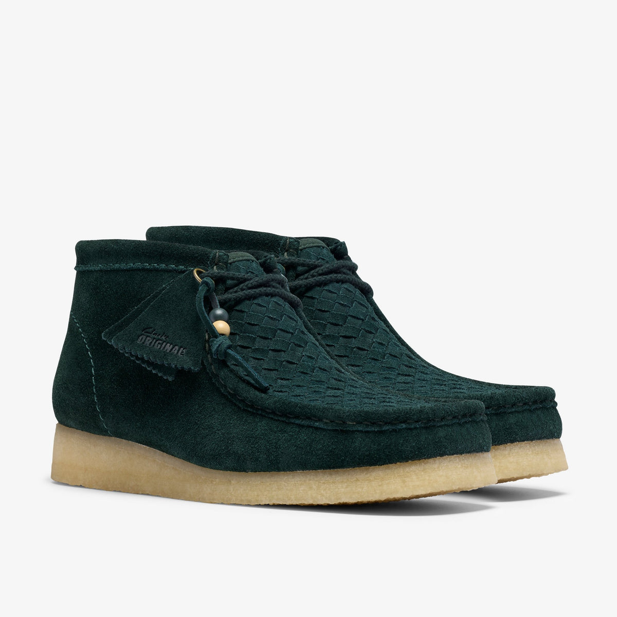 Clarks Wallabee Boot pair in Forest Green Weave suede with woven toe, beaded laces and gum crepe soles